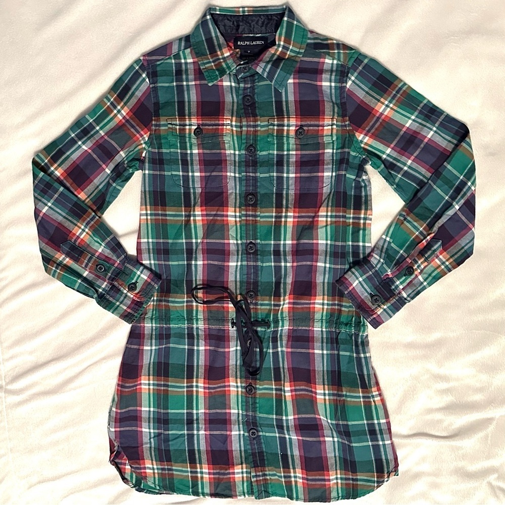Ralph Lauren Tartan Plaid Shirt Dress Tunic Kids Girls 7 navy green red cotton